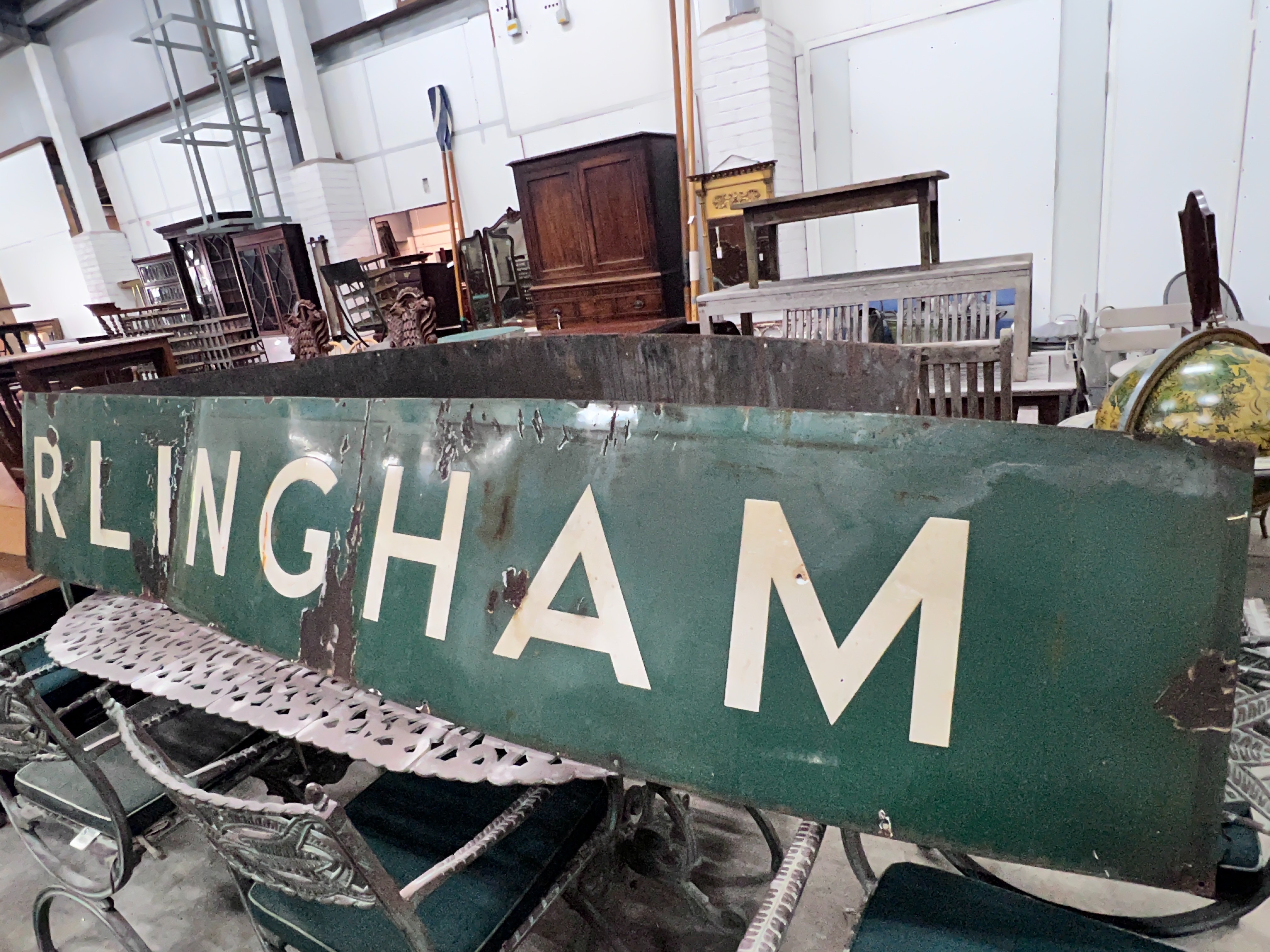 A vintage green and white enamelled railway platform sign for Upper Warlingham, in two sections, approximately complete length 514cm